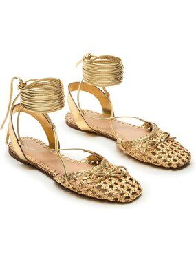Women's Woven Gold Ballet Flats Lace Up Closed Square Toe Summer Dressy Sandals